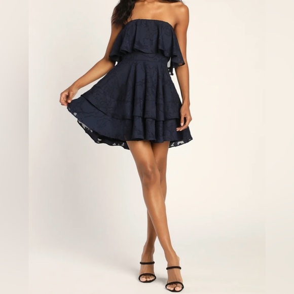 Lulus True Lover Navy Blue Burnout Floral Ruffled Strapless Mini Dress - New, S - Picture 1 of 12